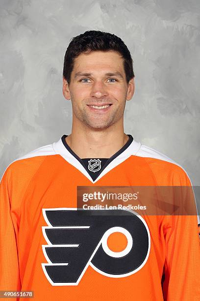 Davis Drewiske of the Philadelphia Flyers poses for his official headshot for the 2015-2016 season on September 18, 2015 at the Virtua Flyers Skate...