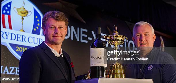 Hugues Lechanoine of Baron Philippe de Rothschild and Jeff Price of the PGA of America at the 2016 Ryder Cup One Year to Go event on September 29,...