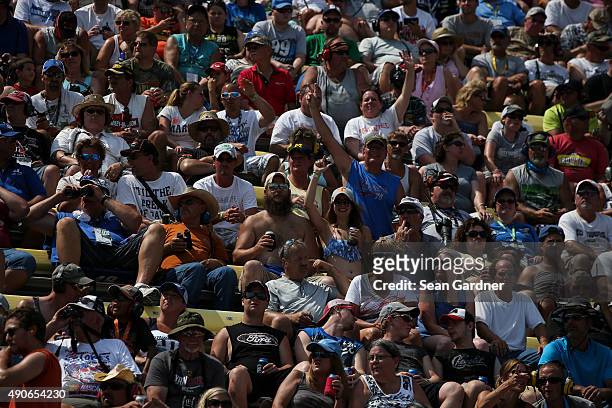 Race fans cheer during the NASCAR Sprint Cup Series Pure Michigan 400 at Michigan International Speedway on August 16, 2015 in Brooklyn, Michigan.