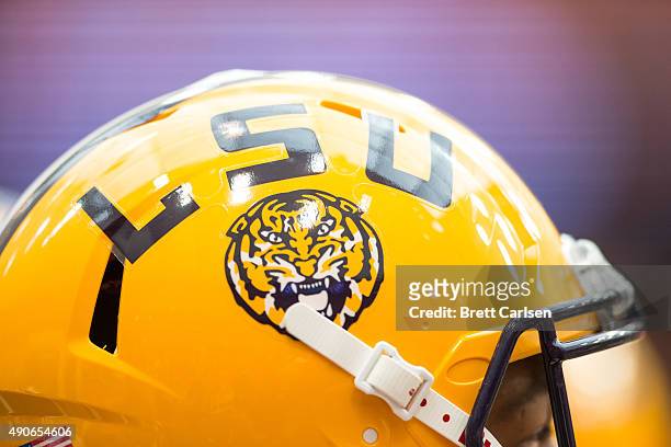 Detail of a LSU Tigers player helmet on the sideline during the game against the Syracuse Orange on September 26, 2015 at The Carrier Dome in...