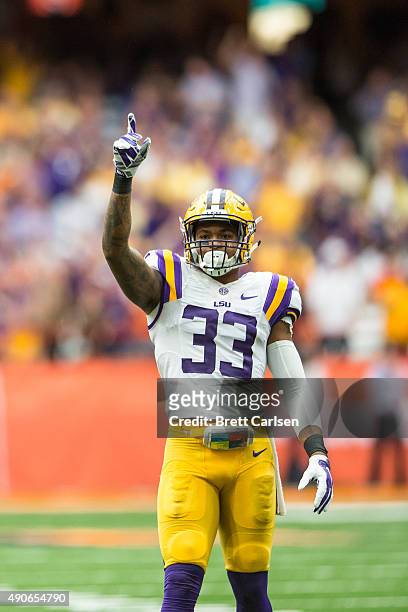 Jamal Adams of the LSU Tigers gets the crowd going during the game against the Syracuse Orange on September 26, 2015 at The Carrier Dome in Syracuse,...