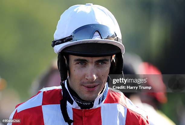 Jockey Aidan Coleman looks on at Chepstow Racecourse on September 30, 2015 in Chepstow, Wales.