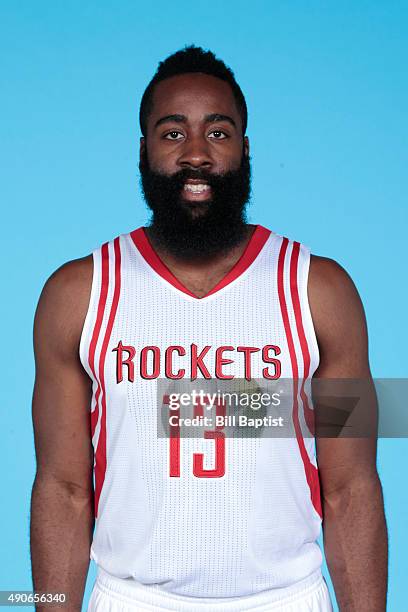 James Harden of the Houston Rockets poses for a photo during NBA Media Day at the Toyota Center on September 28, 2015 in Houston, Texas. NOTE TO...