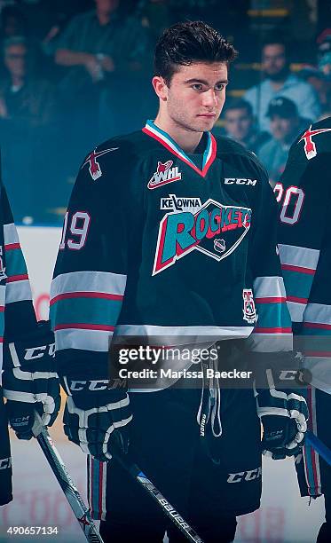 Dillon Dube of Kelowna Rockets lines up during the home opening game against the Kamloops Blazers on September 25, 2015 at Prospera Place in Kelowna,...