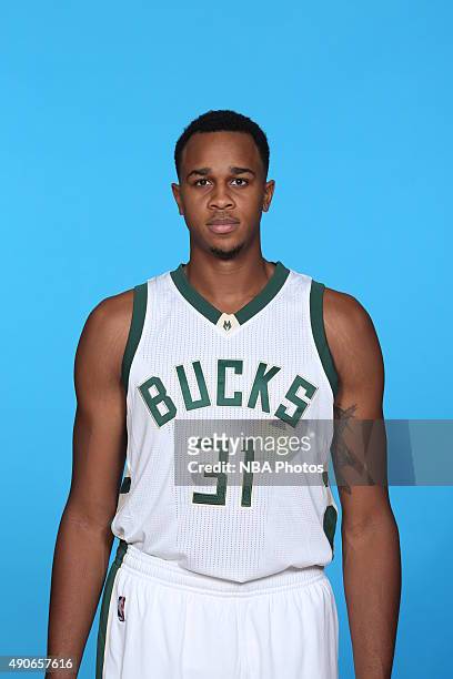 John Henson of the Milwaukee Bucks poses for a portrait during Media Day on September 28, 2015 at the Orthopaedic Hospital of Wisconsin Training...