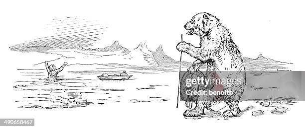 polar bear looking at hunter - polar bear stock illustrations