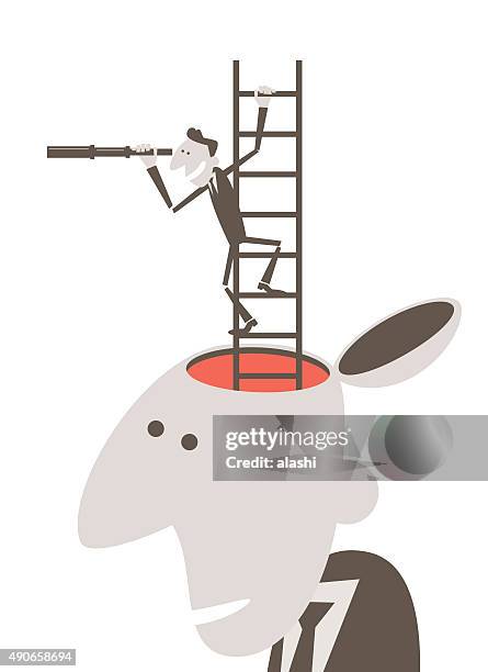 business person looking through telescope on ladder inside businessman head - open mind stock illustrations