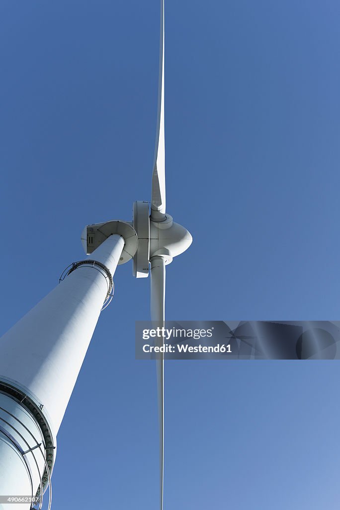 Germany, North Rhine-Westphalia, Aachen, view to wind turbine from below