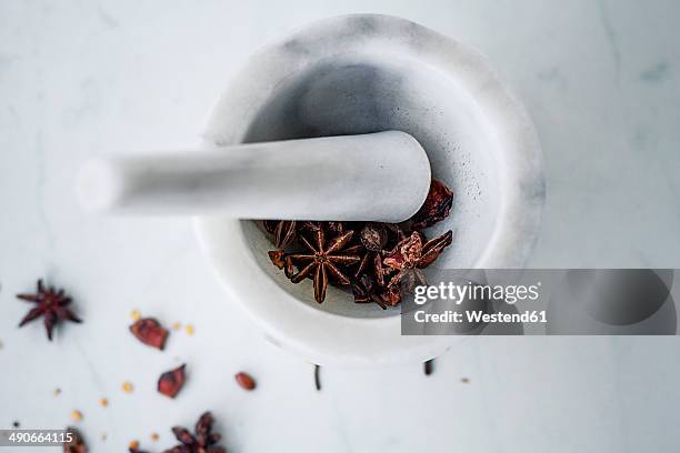 Marble Mortar And Pestle With Star Anise , Stock-Foto