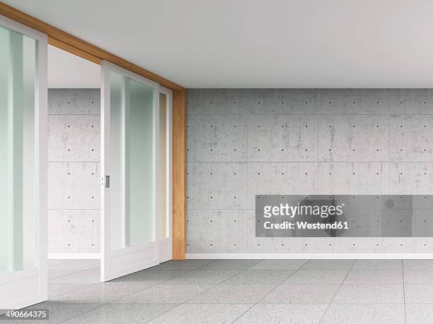 empty room with sliding door and concrete wall, 3d rendering - apartment no furniture stockfoto's en -beelden