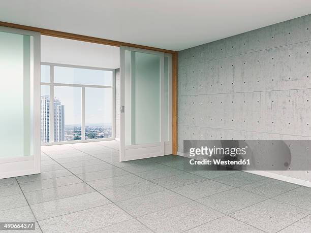 empty room with sliding door and concrete wall, 3d rendering - schiebetür stock-fotos und bilder