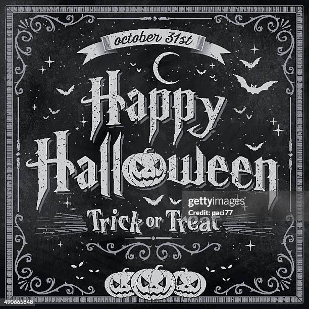 happy halloween on vintage blackboard - textured font stock illustrations