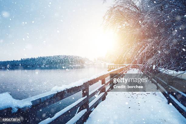 idilliaca frozen sentiero - park at sunrise foto e immagini stock