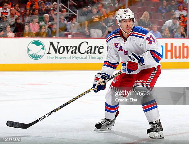 Raphael Diaz of the New York Rangers skates in the first period against the Philadelphia Flyers on April 7, 2015 at the Wells Fargo Center in...