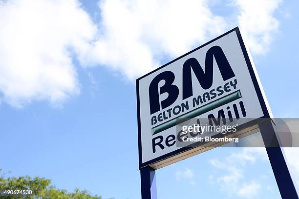 Sign stands outside automobile catalytic converter emission control device manufacturer BM Catalysts in Mansfield, U.K., on Wednesday, Sept. 30,...