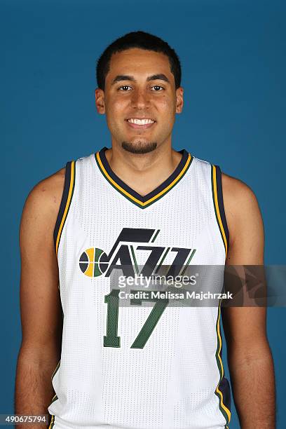 Grant Jerrett of the Utah Jazz poses for a photo during Media Day at Zions Basketball Center on September 28, 2015 in Salt Lake City, Utah. NOTE TO...