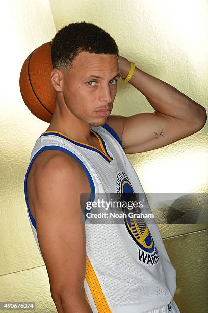 Stephen Curry of the Golden State Warriors poses for a portrait on September 28, 2015 at the Warriors practice facility in Oakland, California. NOTE...