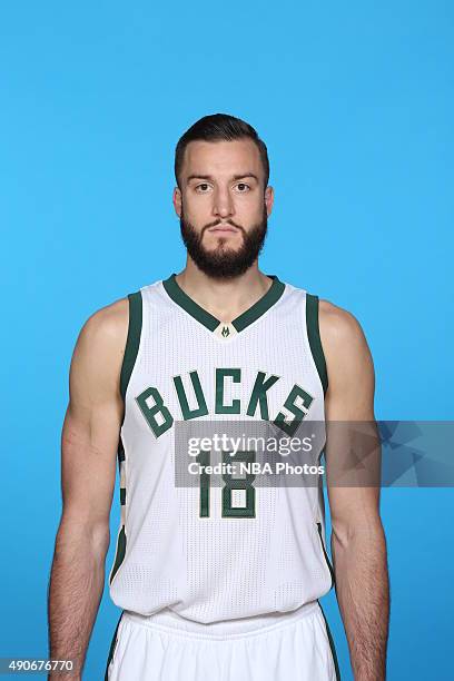 Miles Plumlee of the Milwaukee Bucks poses for a portrait during Media Day on September 28, 2015 at the Orthopaedic Hospital of Wisconsin Training...