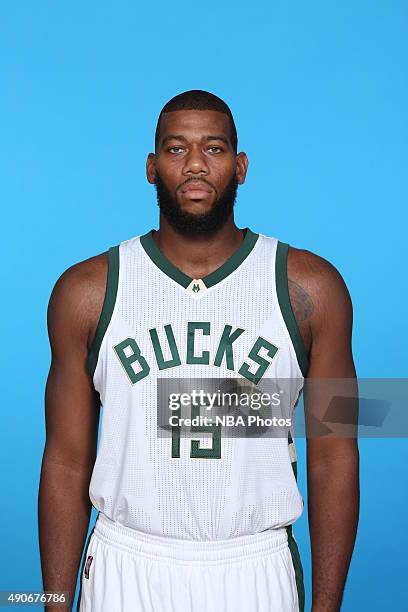 Greg Monroe of the Milwaukee Bucks poses for a portrait during Media Day on September 28, 2015 at the Orthopaedic Hospital of Wisconsin Training...