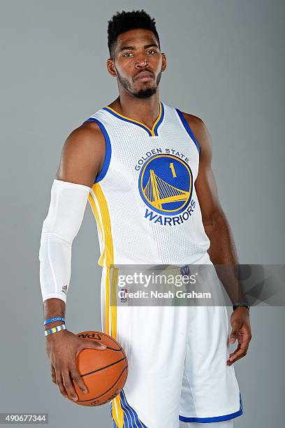 Jason Thompson of the Golden State Warriors poses for a portrait on September 28, 2015 at the Warriors practice facility in Oakland, California. NOTE...