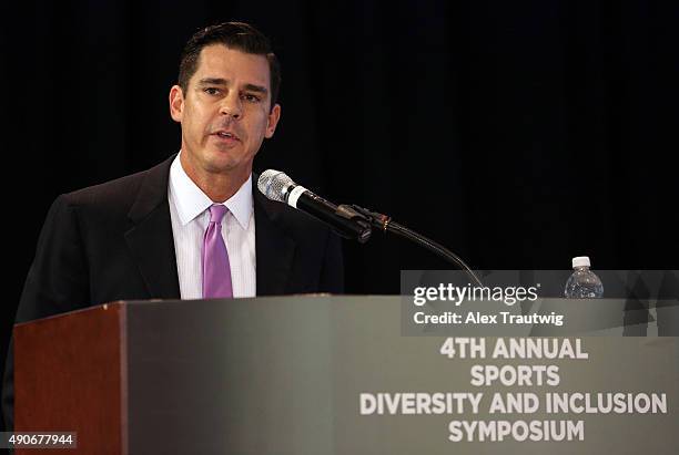 Billy Bean, Ambassador of Inclusion, MLB moderates a panel discussion during the 2015 Sports Diversity & Inclusion Symposium at Citi Field on...