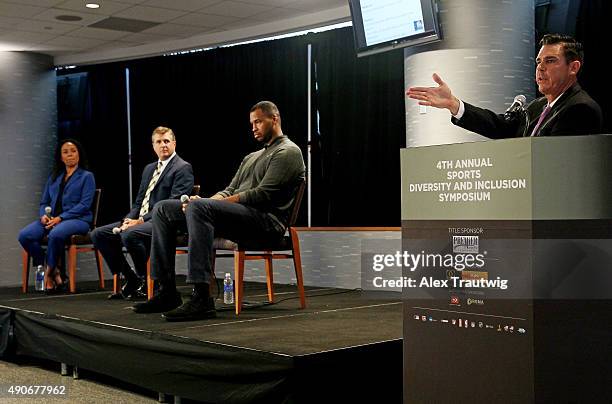 Billy Bean, Ambassador of Inclusion, MLB moderates a panel discussion during the 2015 Sports Diversity & Inclusion Symposium at Citi Field on...
