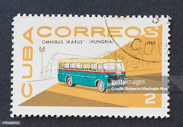 Cuban 1965 stamp from the 'Omnibus' series depicting a bus manufactured by Ikarus, Hungary.