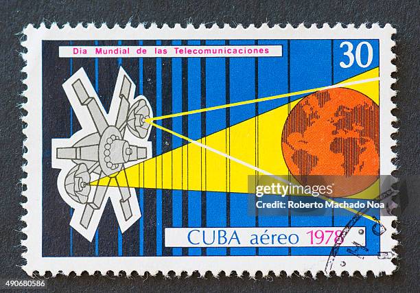 Cuban 1978 stamp commemorating the world telecommunications day. The stamp depicts a satellite and the globe.
