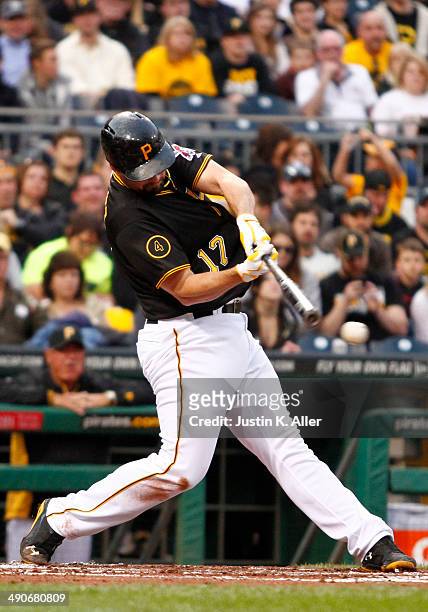 Gaby Sanchez of the Pittsburgh Pirates bats against the Milwaukee Brewers during the game at PNC Park April 18, 2014 in Pittsburgh, Pennsylvania.