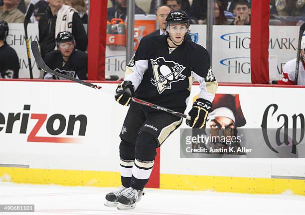 Adam Payerl of the Pittsburgh Penguins skates against the Detroit Red Wings during the game at Consol Energy Center on April 9, 2014 in Pittsburgh,...