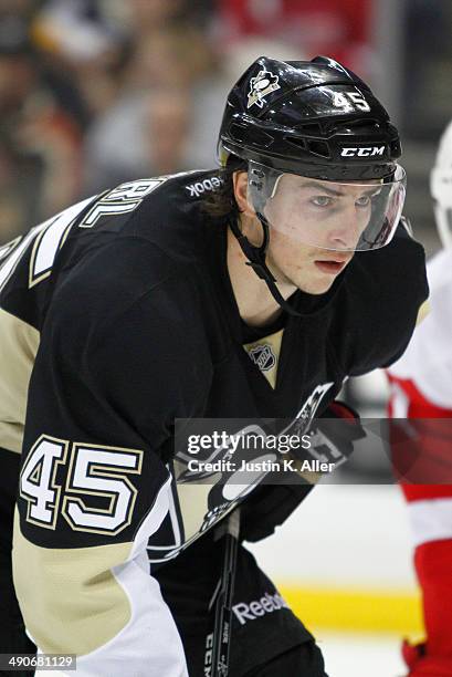 Adam Payerl of the Pittsburgh Penguins skates against the Detroit Red Wings during the game at Consol Energy Center on April 9, 2014 in Pittsburgh,...