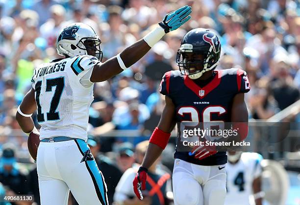 Devin Funchess of the Carolina Panthers and Rahim Moore of the Houston Texans during their game at Bank of America Stadium on September 20, 2015 in...
