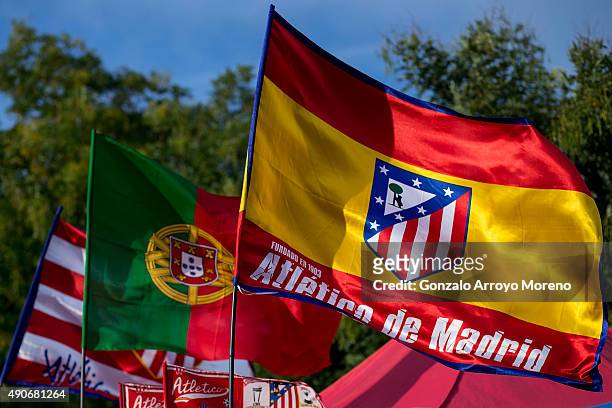 The Spanish flag with an Atletico de Madrid shield flies outside Vicente Calderon Stadium before the UEFA Champions League Group C match between Club...