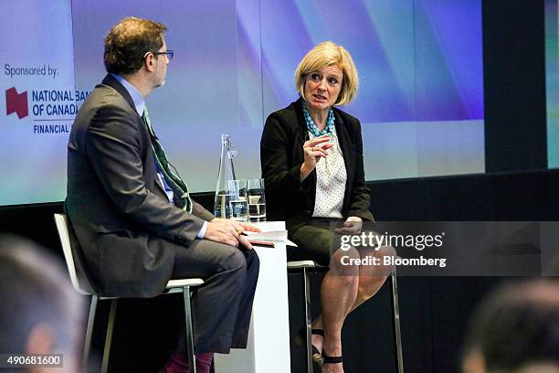 Rachel Notley, Alberta's premier, right, speaks during an interview at the Canadian Fixed Income Conference in New York, U.S., on Wednesday, Sept....