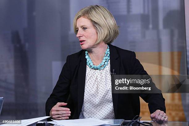 Rachel Notley, Alberta's premier, right, speaks during a Bloomberg Television interview in New York, U.S., on Wednesday, Sept. 30, 2015. Kinder...