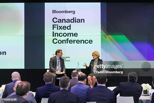 Rachel Notley, Alberta's premier, right, speaks during an interview at the Canadian Fixed Income Conference in New York, U.S., on Wednesday, Sept....