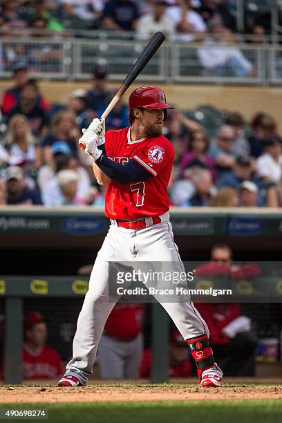 Collin Cowgill of the Los Angeles Angels bats against the Minnesota Twins on September 20, 2015 at Target Field in Minneapolis, Minnesota. The Twins...