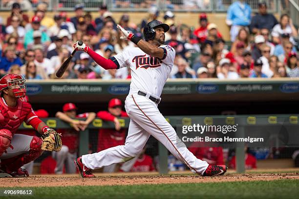 Aaron Hicks of the Minnesota Twins bats against the Los Angeles Angels on September 20, 2015 at Target Field in Minneapolis, Minnesota. The Twins...