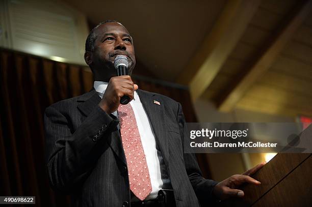 Republican presidential candidate Ben Carson speaks during a town hall event at River Woods September 30, 2015 in Exeter, New Hampshire. Carson has...