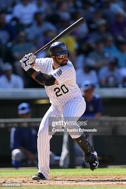 Wilin Rosario of the Colorado Rockies bats against the Los Angeles Dodgers at Coors Field on September 27, 2015 in Denver, Colorado.