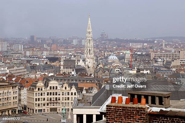 The skyline of central Brussels, Belgium, looking north-west across the city. The tower of the Hotel de Ville can be seen in the middle distance, and...