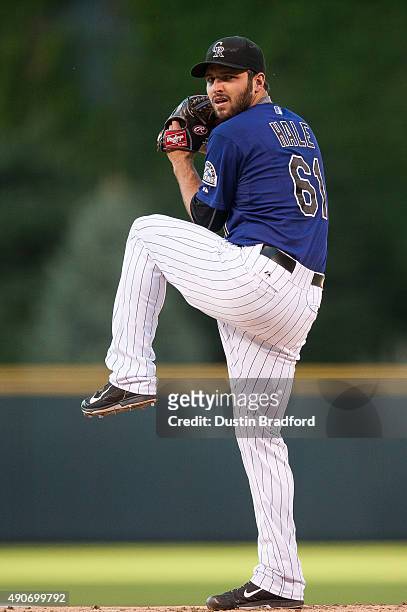 David Hale of the Colorado Rockies pitches against the Los Angeles Dodgers in the first inning of a game at Coors Field on September 25, 2015 in...