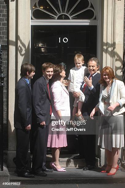 Tony Blair with his family on the doorstep of 10 Ten Downing Street. L-R, sons, Nicky , Euan, wife Cherie, son Leo, Tony Blair and daughter Kathryn....