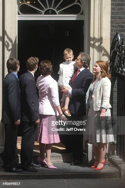 Tony Blair with his family on the doorstep of 10 Ten Downing Street. L-R, sons, Nicky , Euan, wife Cherie, son Leo, Tony Blair and daughter Kathryn....