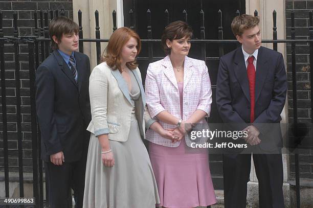 Tony Blair's family outside 10 Ten Downing Street. L-R, son, Nicky , daughter Kathryn, wife Cherie and son Euan. The family pose together on the...