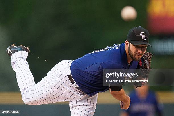 David Hale of the Colorado Rockies pitches against the Los Angeles Dodgers in the first inning of a game at Coors Field on September 25, 2015 in...