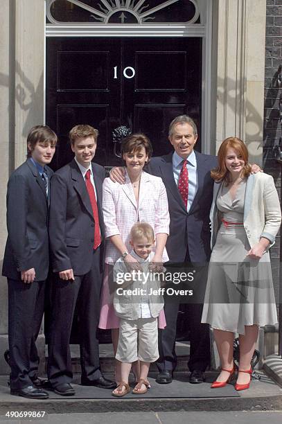 Tony Blair with his family on the doorstep of 10 Ten Downing Street. L-R, sons, Nicky , Euan, wife Cherie, son Leo, Tony Blair and daughter Kathryn....