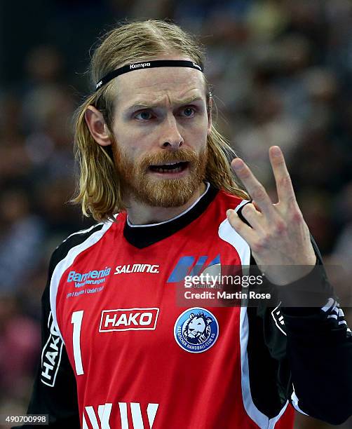 Bjoergvin Gustavsson, goaltender of Bergischer HC gestures during the DKB HBL Bundesliga match between THW Kiel and Bergischer HC at Sparkassen Arena...