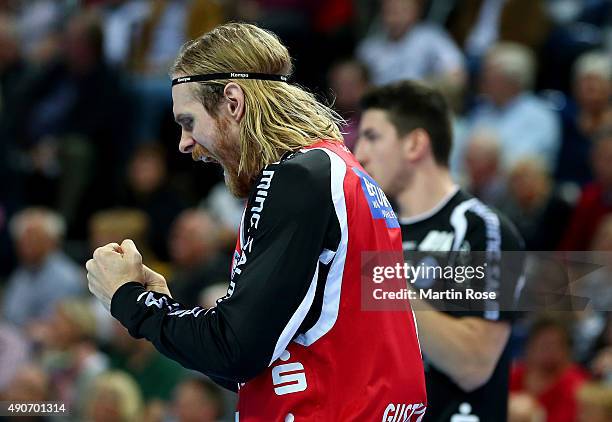 Bjoergvin Gustavsson, goaltender of Bergischer HC reacts during the DKB HBL Bundesliga match between THW Kiel and Bergischer HC at Sparkassen Arena...