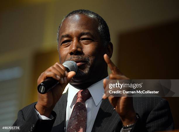 Republican presidential candidate Ben Carson speaks during a town hall event at River Woods September 30, 2015 in Exeter, New Hampshire. Carson has...